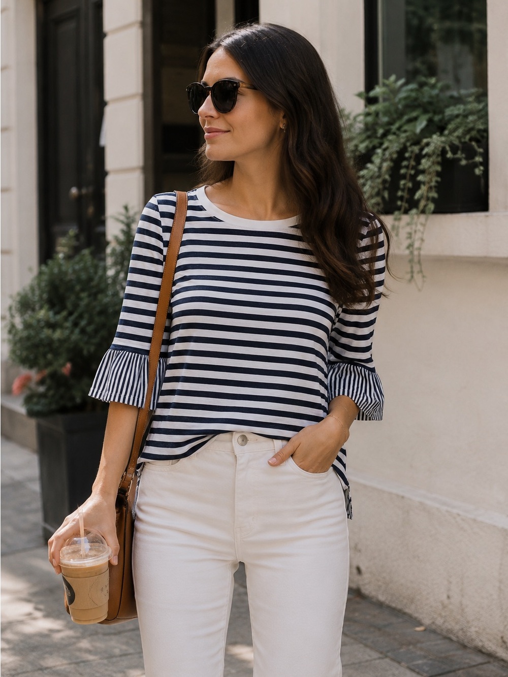 Kobi Halperin Navy Stripe Bell Sleeve Ruffle Top SZ S